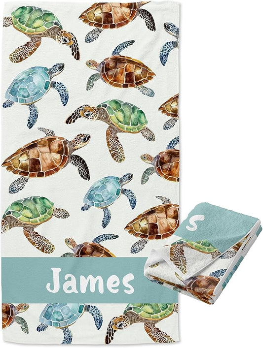 Ships Next Day - Personalized Beach Towel for Kids & Adults - Printed in USA - Custom Towels with Picture and Text - Quick Dry Pool Towels - Cotton/Poly Blend - 30" x 60" - Sea Turtles