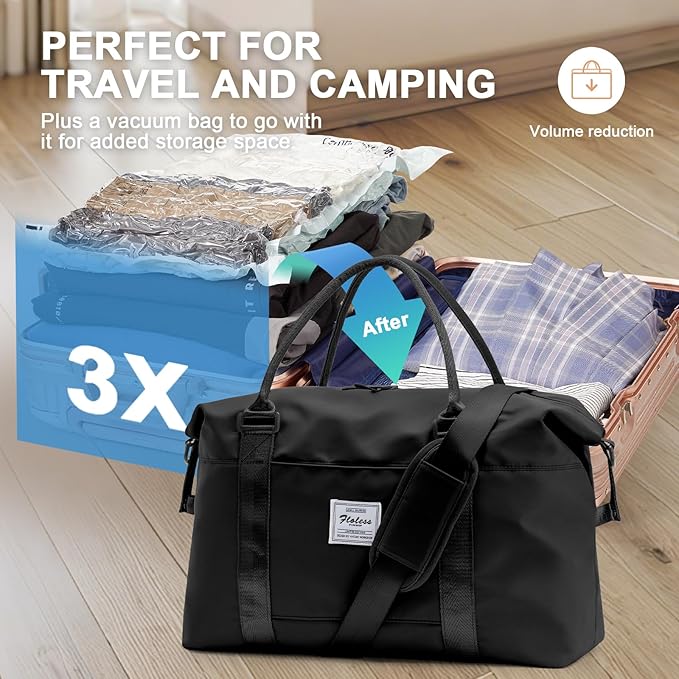 Large Gym Bag for Women Carry on Duffel 18 x 14 x 8 inches Spirit Airlines Travel Essentials Bag Weekender Space Saver Clothes Vacuum Storage Bags with hand pump,Duffle Hospital Luggage backpack Black