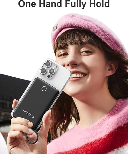 miisso 10000mAh Compatible with iPhone 15/16/17 and Android, Slim Portable Charger with Built in Cable, Power Bank Travel Charger External Battery Pack for Phone, 3 Output USB Type C Cord, Black