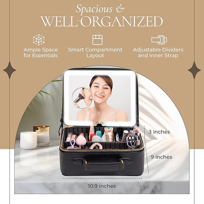 BAREZ Premium PU Leather Makeup Bag With LED Mirror - 3 Brightness Mirror Light Settings - Adjustable Dividers - Removable Mirror Waterproof Cosmetic Travel Bag - A Luxury Gift for Her (Black)