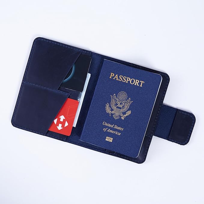 Blue Leather Passport Holder with AirTag Slot - Travel Passport Wallet Compatible with Airtag Passports Case with Card Slots & Note Compartment, Magnetic Closure, Genuine Leather, Vintage Blue