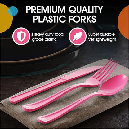 Cerise Plastic Silverware Heavy Duty 300 Pieces Cerise Disposable Silverware Heavy Duty, Utensil Sets, 100 Of Each Forks, Knives & Spoons Disposable Cutlery Set For Party Supplies
