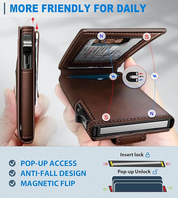 Airtag Wallet for Men,with Money Clip Gift Boxed,Slim Front Pocket Wallet RFID Blocking Metal Case Smart Pop-up Credit Card Holder in Magnetic Leather Flip
