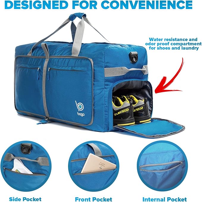 Bago Large Foldable Duffel Bags for Traveling Women & Men - 120L Packable Duffle Bag for Travel with Shoe Compartment - Water Repellant, Heavy Duty, Lightweight Folding & Collapsible (Blue)