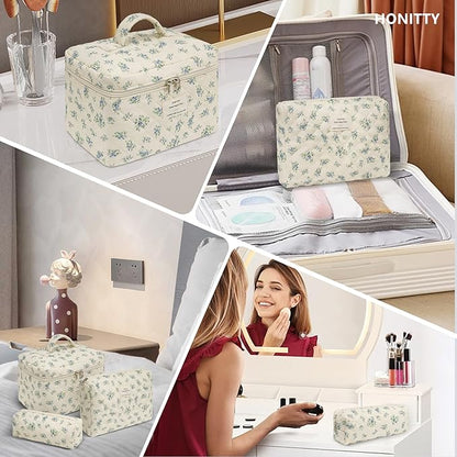 Makeup Bag,Quilted Cosmetic Bags,Large Floral Make Up Organize bag,Makeup Bag Set for Women,Flower Travel Toiletry Bag