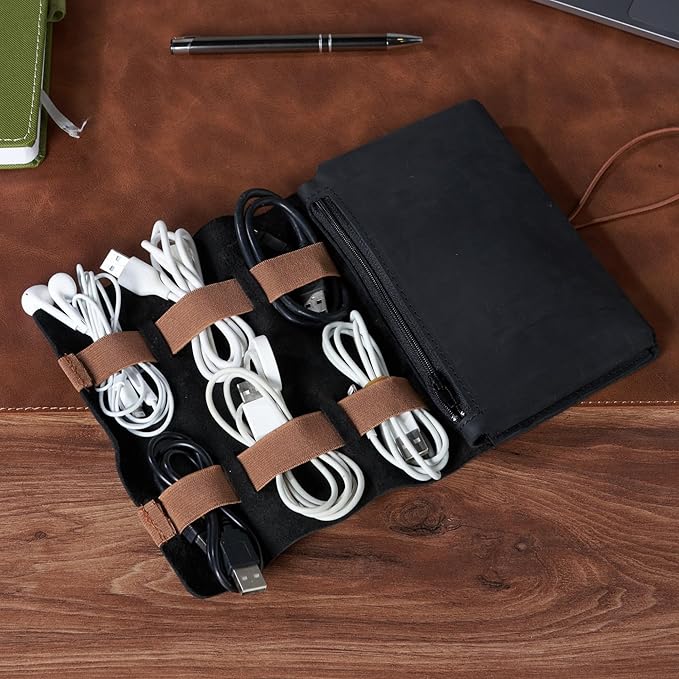 HARDISTON Genuine Leather Electronic Cable Organizer Bag Handmade Travel Cord Organizer Roll Case for Hard Drives, Cables, Charger, Phone, USB, SD Card (Medium - Black)