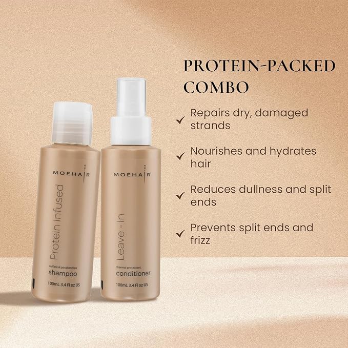Moehair Travel Size Toiletries (Protein-Infused Shampoo & Leave-In Conditioner)|Travel Shampoo & Conditioner Set | Strengthens & Hydrates Hair | Sulfate & Paraben-Free Set For All Types (3.4 Fl.Oz)