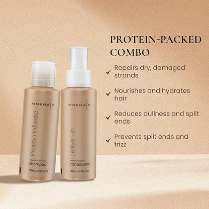 Moehair Travel Size Toiletries (Protein-Infused Shampoo & Leave-In Conditioner)|Travel Shampoo & Conditioner Set | Strengthens & Hydrates Hair | Sulfate & Paraben-Free Set For All Types (3.4 Fl.Oz)