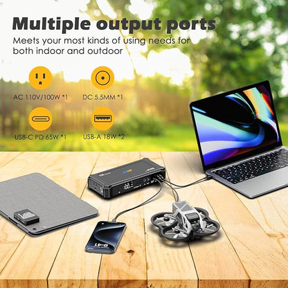 JIYHF Portable Power Bank with 30W Foldable Solar Panel - 99.9Wh Backup Battery, 100W AC & 65W USB-C PD Fast Charging Ideal for Outdoor Work, Compatible with iPhone16/15 Series, iPad, MacBook, Laptop