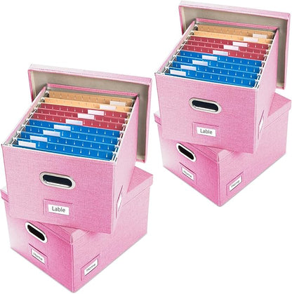 PRANDOM File Organizer Box - Set of 4 Collapsible Decorative Linen Filing Storage Hanging File Folders with Lids Office Cabinet Letter/Legal Size Pink 17.1x14x11.1 inch