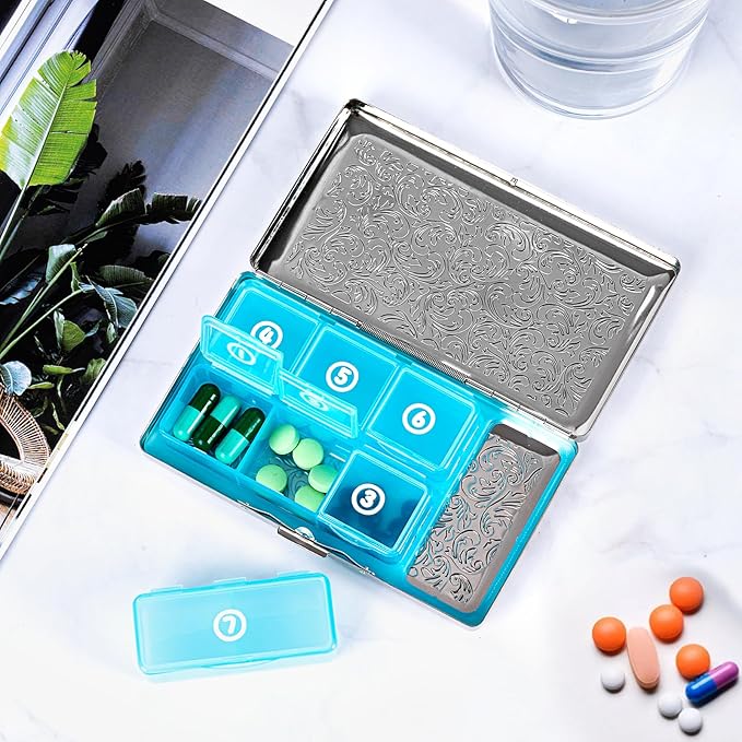 Pill Organizer, Pill Box 7 Day/Metal Travel Pill Case, BPA Free. (Silver)