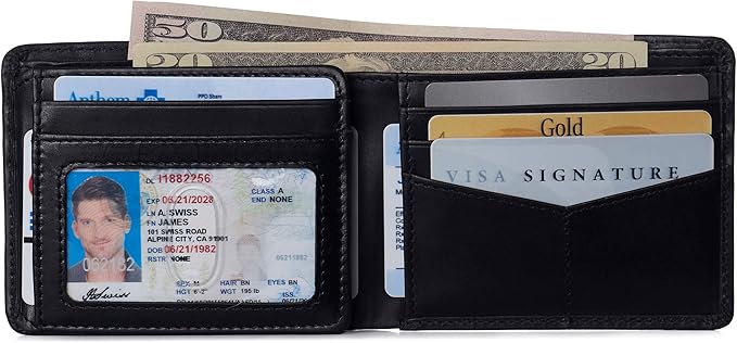 Alpine Swiss Mens Wallet for Men | RFID Protected Leather Mens Wallet | Spencer Bifold with Divided Bill Section | Gift Box | 2 ID Windows | 14 Card & Storage Pockets for Organization