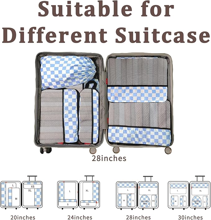 U+U 6 Set Compression Packing Cubes - Ultralight Travel Organizers with Laundry Bag, Space-Saving Suitcase Organizer for Travel, Business Trip and Family Vacation (Blue Checkered)
