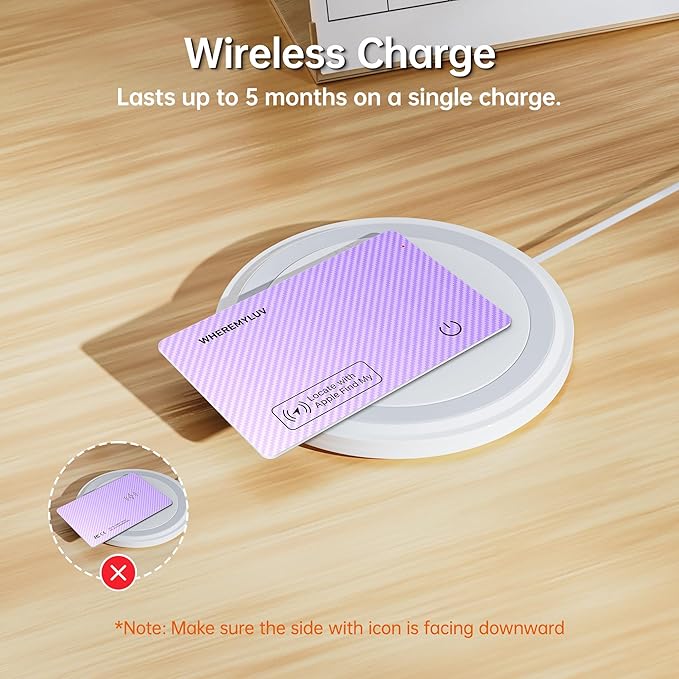 WHEREMYLUV-Item-Finder-for-Wallet, Ultra Thin Bluetooth Tracker Card Compatible with Apple Find My, Rechargeable GPS Locator, IPX8 Waterproof, Slim Smart Card for Men & Women (Purple)