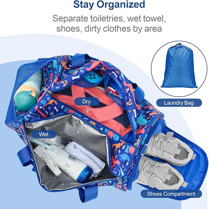 Bagseri Kids Duffle Bag Boys - Waterproof Sports Gym Bag for Travel Sleepover Overnight Bag with Shoe Compartment and Dry Wet Separation Pockets (Blue Dinosaur)