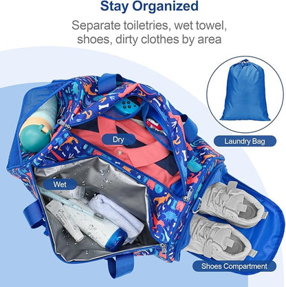 Bagseri Kids Duffle Bag Boys - Waterproof Sports Gym Bag for Travel Sleepover Overnight Bag with Shoe Compartment and Dry Wet Separation Pockets (Blue Dinosaur)