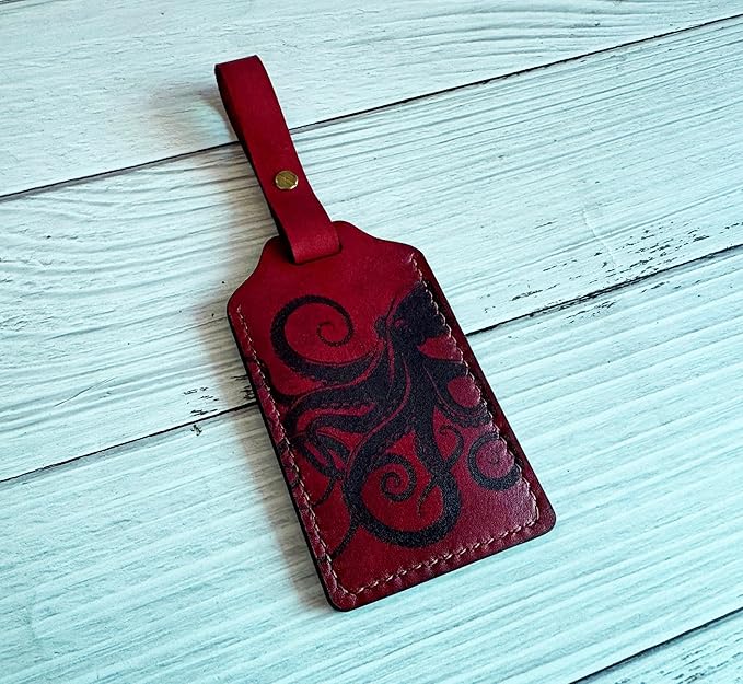 Mayan Corner - Handcrafted Leather Luggage Tag, Octopus Design, Burgundy Red with ID Window