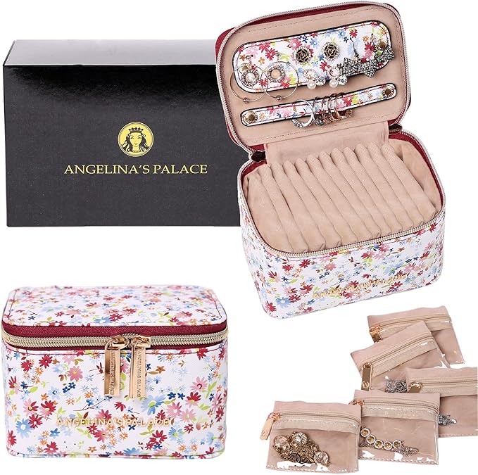 Angelina's Palace Jewelry Organizer Case Bridesmaid Gifts Travel Bag Vegan Leather Box for Necklace Earring Bracelet Ring(blossom wine)