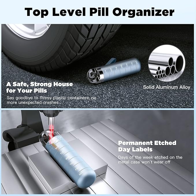 Zannaki Metal Travel Pill Organizer, Portable Waterproof Weekly Pill Box, Large Aluminum Alloy Pill Case Container, BPA Free 7 Day Daily Medicine Organizer Holder for Vitamin, Fish Oil, Supplement