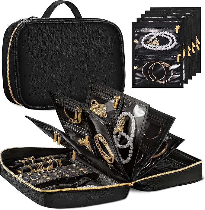 Travel Jewelry Organizer - Imitation Leather Travel Jewelry Case with Adjustable Pages, Jewelry Bag for Earrings,Rings,Necklaces,Bracelets-Perfect,Waterproof, Ideal for Trips & Gifts (Black)