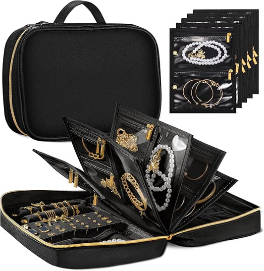 Travel Jewelry Organizer - Imitation Leather Travel Jewelry Case with Adjustable Pages, Jewelry Bag for Earrings,Rings,Necklaces,Bracelets-Perfect,Waterproof, Ideal for Trips & Gifts (Black)