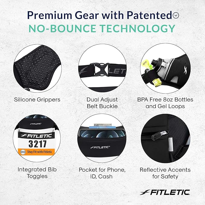 Fitletic Hydration Running Belt with Water Bottles for Men & Women – 2 Quick Flow 8oz Running Water Bottles, Patented Bounce Free Design, Water Resistant Pouch Fits All Phones – Hydra 16