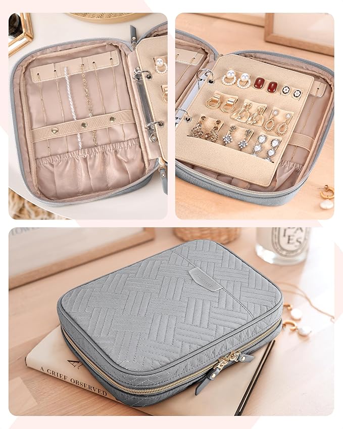 BAGSMART Jewelry Travel Organizer Case for Home Jewelry Organizer Storage Ring Binder Clear Bags Zipper Rolls Pouch for Necklaces, Earrings, Rings, Bracelets, Grey