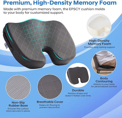 EPSCY Memory Foam Seat Cushion for Office Chair, Car, Airplane & Bleachers – Ergonomic Support for Sciatica, Hip & Tailbone Pain Relief – Comfort Pad for Long Sitting, Office Workers & Driver - Grey