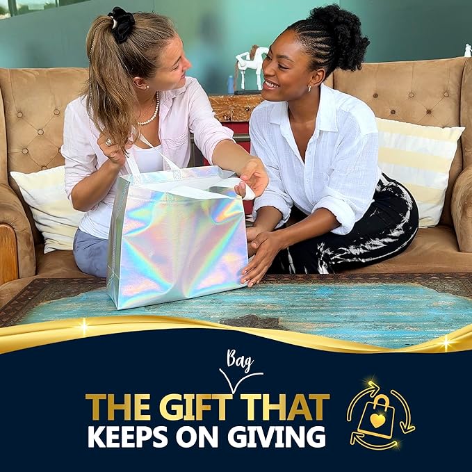 Nush Nush Iridescent Large Gift Bags Bulk - Set of 60 Holographic Reusable Gift Bags with Handles - Ideal Goodie Bag for Small Business, Parties and Events, Christmas Gifts, Thanksgiving- 13x5x11