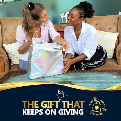 Nush Nush Iridescent Large Gift Bags Bulk - Set of 60 Holographic Reusable Gift Bags with Handles - Ideal Goodie Bag for Small Business, Parties and Events, Christmas Gifts, Thanksgiving- 13x5x11