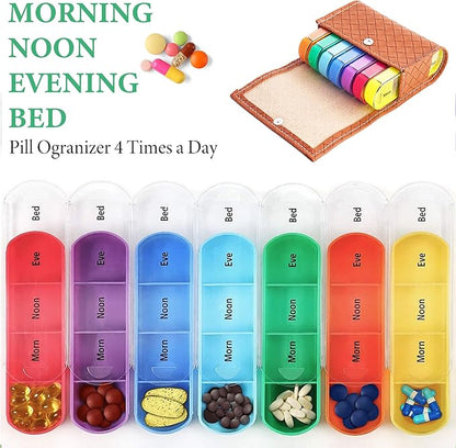 Pill Organizer,LIZIMANDU Weekly Travel Pill Case Box Medication Reminder Daily AM PM, Day Night 7 Compartments,for 4 Times A Day, 7 Days a Week-Includes Leather PU Carrying Case (1-Weave Brown)