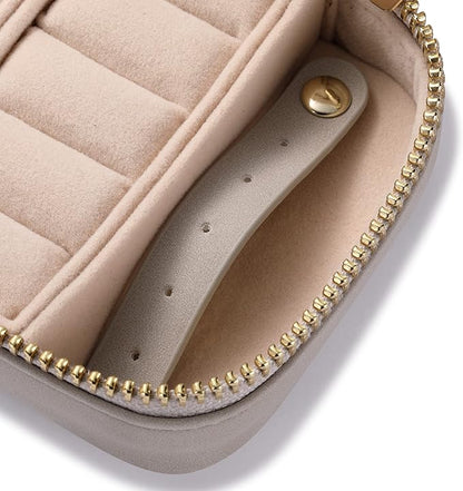 HISCOW Vegan Leather Travel Jewelry Case with Zipper - Portable Necklace & Earring Holder Organizer for Women Girls, Velvet-Lined Ring Box with Anti-Tarnish Design, Stone