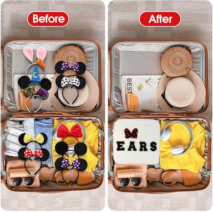 Chenille Letter Bow Mouse Ears Travel Case, Park Ears Headband Holder Hair Accessories Organizer Bag for Girls Women Kids Adults, Large Makeup Bag Snack Bags with Zipper for Travel Picnic - White