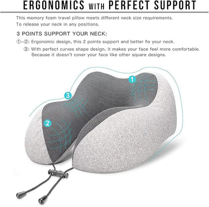 MLVOC Travel Pillow 100% Pure Memory Foam Neck Pillow, Comfortable & Breathable Cover, Machine Washable, Airplane Travel Kit with 3D Sleep Mask, Earplugs, and Luxury Bag,Standard (Grey)