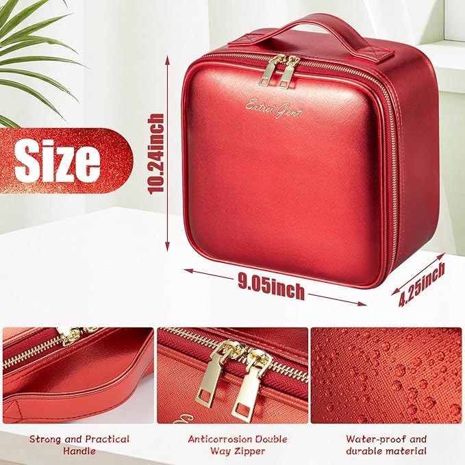 Makeup Travel Train Case with Mirror LED Light 3 Adjustable Brightness Large Cosmetic Bag Portable Storage Adjustable Partition Waterproof Brushes Make up Jewelry Gift for Women