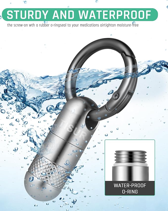 TISUR Small Keychain Pill Holder, Titanium Pill Case Waterproof Pill Fob for Travel Purse Pocket, Portable Pill Container Box Pill Organizer Tube (Upgrade Tiny 2pcs)