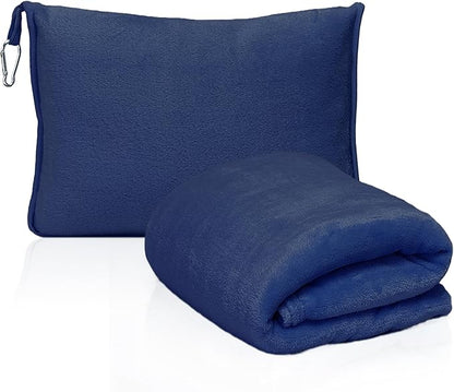 2-in-1 Convertible Travel Blanket & Pillow-Ultra Soft, Compact & Packable with Hand Luggage Sleeve and Backpack Clip for Flight & Car,Navy Blue