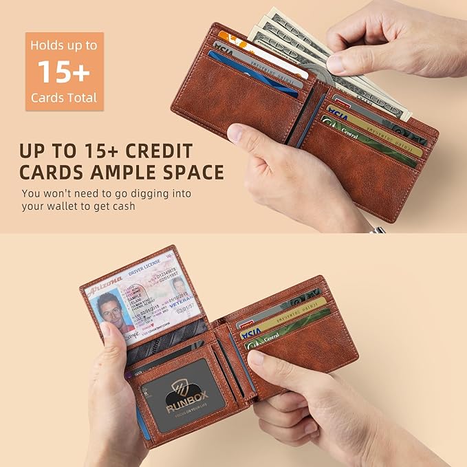 RUNBOX Wallet for Men Slim Rfid Leather 2 ID Window With Gift Box