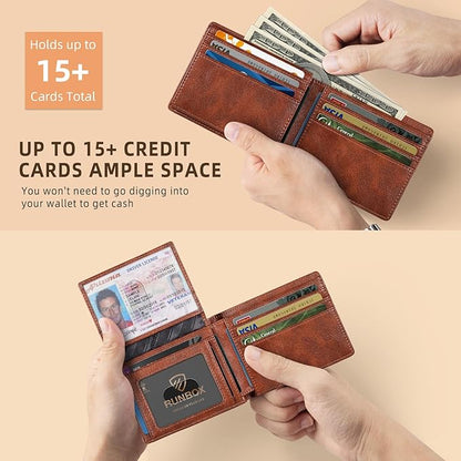 RUNBOX Wallet for Men Slim Rfid Leather 2 ID Window With Gift Box