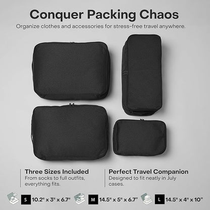 Packing Cells - 4 Set Packing Cubes Luggage Organizer Bags (S, M, 2 x L), Must-Have Suitcase Organizer for Travel, Road Trip & Camping Accessories, Stain-proof, Washable, 3 Sizes - Charcoal