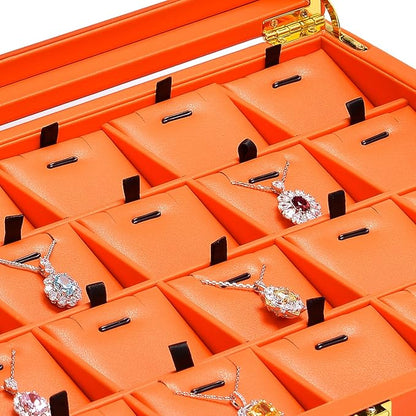 Oirlv Premium Leather Jewelry Tray with 24 Grid Removable Jewelry Cards Necklace Organizer Box with Transparent Acrylic Lid Necklace Pendant Display Case