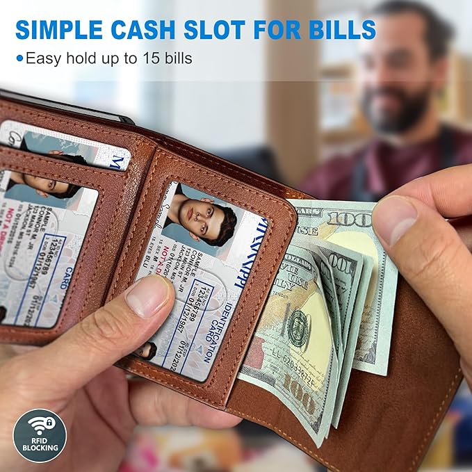 Wallet for Men,with Cash Pocket 2 ID Window 9-13 Cards,Metal Case Smart Slim Pop Up Credit Card Holder Flip with Magnetic Closure RFID Blocking Trifold wallet with Gift Box