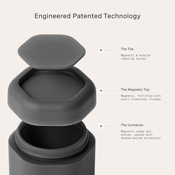 Cadence Travel Containers - Body Care Capsule Set - Magnetic Containers with Lids,Carry On Travel Essentials for Women/Men - 3 Flex Mediums (1.32oz) - Body Wash, Lotion & Sun Icon Labels - Charcoal