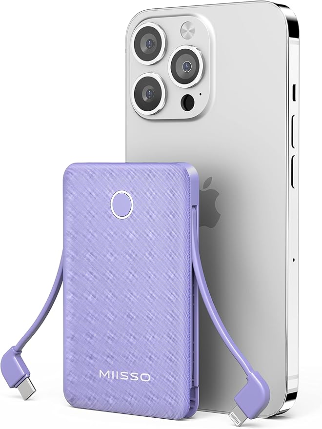 miisso 6000mah Ultra Slim Built in Cables Power Bank, Card Size Built in USB C Cords Battery Pack Portable Charger for Phones, 3 Output External Battery Pack Compatible with iPhone, Purple