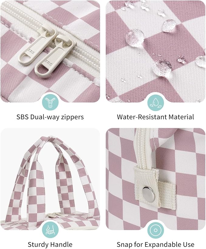 Narwey Travel Toiletry Bag, Wide-open Large Toiletry Bags for Traveling Women, Checkered Travel Bag for Toiletries Cosmetic Makeup Bag Organizer, Skincare Make Up Bag (Dusty Pink Checkerboard)