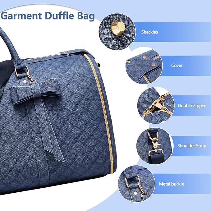 Garment Bags for Travel, Convertible Suit Travel Bag for Women, Stylish Carry On Garment Bag with Toiletry Pocket, Shoulder Strap & Shoes Compartment, 2 in 1 Foldable PU Leather Duffle Bag, Navy Blue