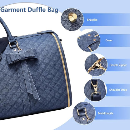 Garment Bags for Travel, Convertible Suit Travel Bag for Women, Stylish Carry On Garment Bag with Toiletry Pocket, Shoulder Strap & Shoes Compartment, 2 in 1 Foldable PU Leather Duffle Bag, Navy Blue