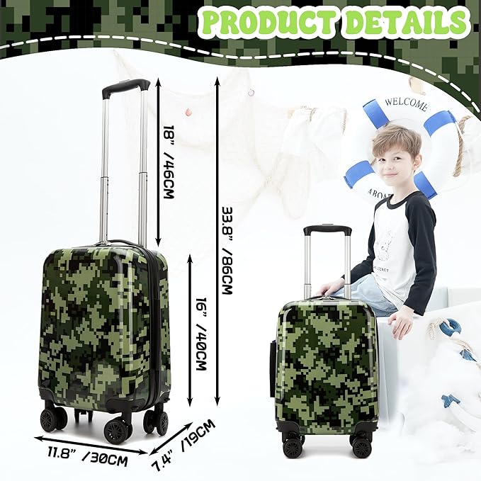 Kid's Luggage Set 3 Piece Suitcase Set 16" Hardside Luggage with Spinner Wheels Boys Carry on Toddler Travel Rolling Suitcase with Duffle Bag Neck Pillow Airline Approved