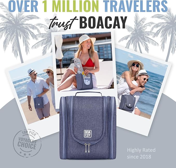 BOACAY Hanging Travel Toiletry Bag for Women and Men, Makeup Bag, Bathroom & Shower Organizer Kit for Accessories, Cosmetics, Travel Essentials