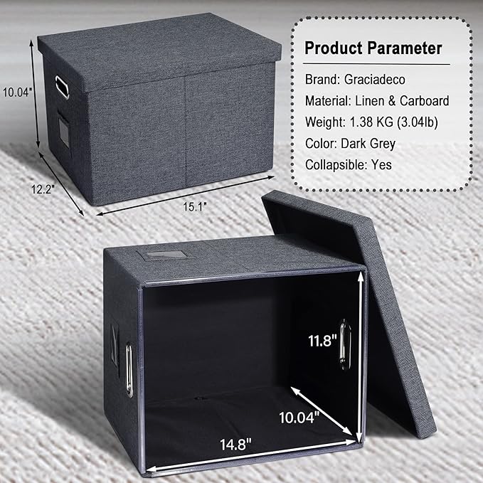 4-Pack Modern Minimalist Dark Gray Collapsible Linen File Folder Box with Lid for Letter Size Hanging Files, Office Organization, General Storage